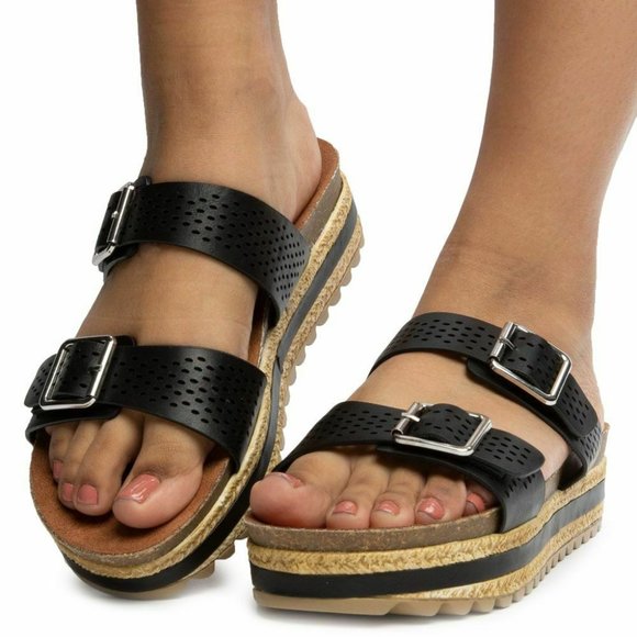 Womens Bamboo Platform flatform Black Two Strap buckle Slide Sandals Size 6.5 - Picture 4 of 4